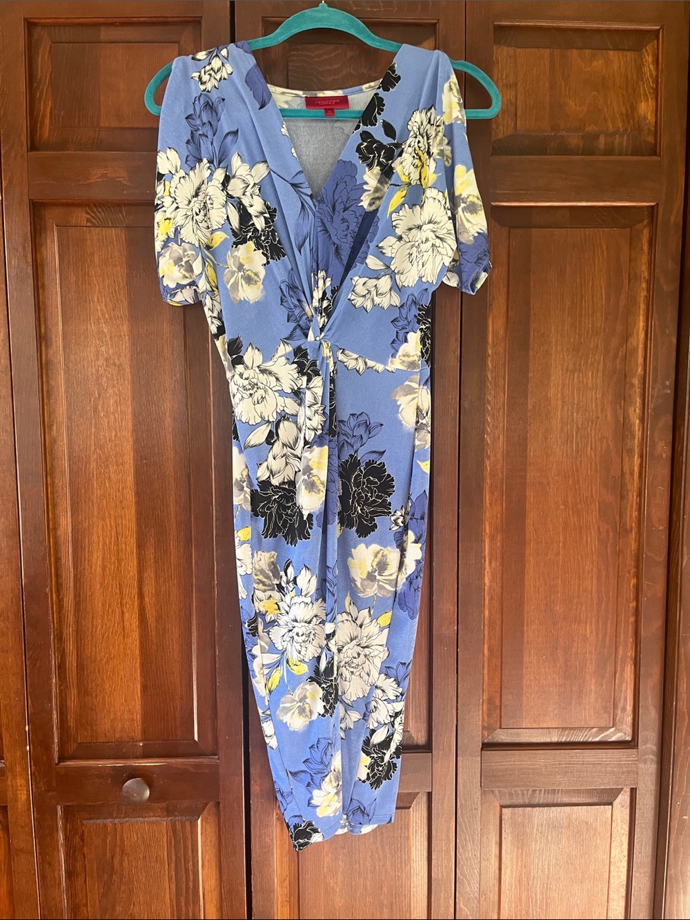 Jennifer Lopez Blue Floral Wrap Midi Dress with Ivory and Black Accents